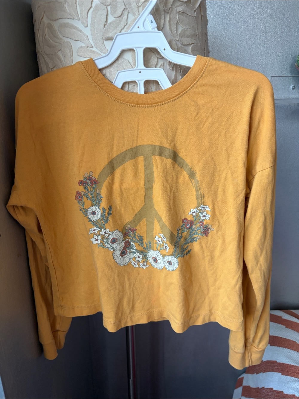 Tiny Whales Girls' Mustard Floral Peace Sign Long Sleeve Tee